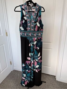 Wisp Sleeveless Floral V-Neck Maxi Dress in Black with Teal & Pink
